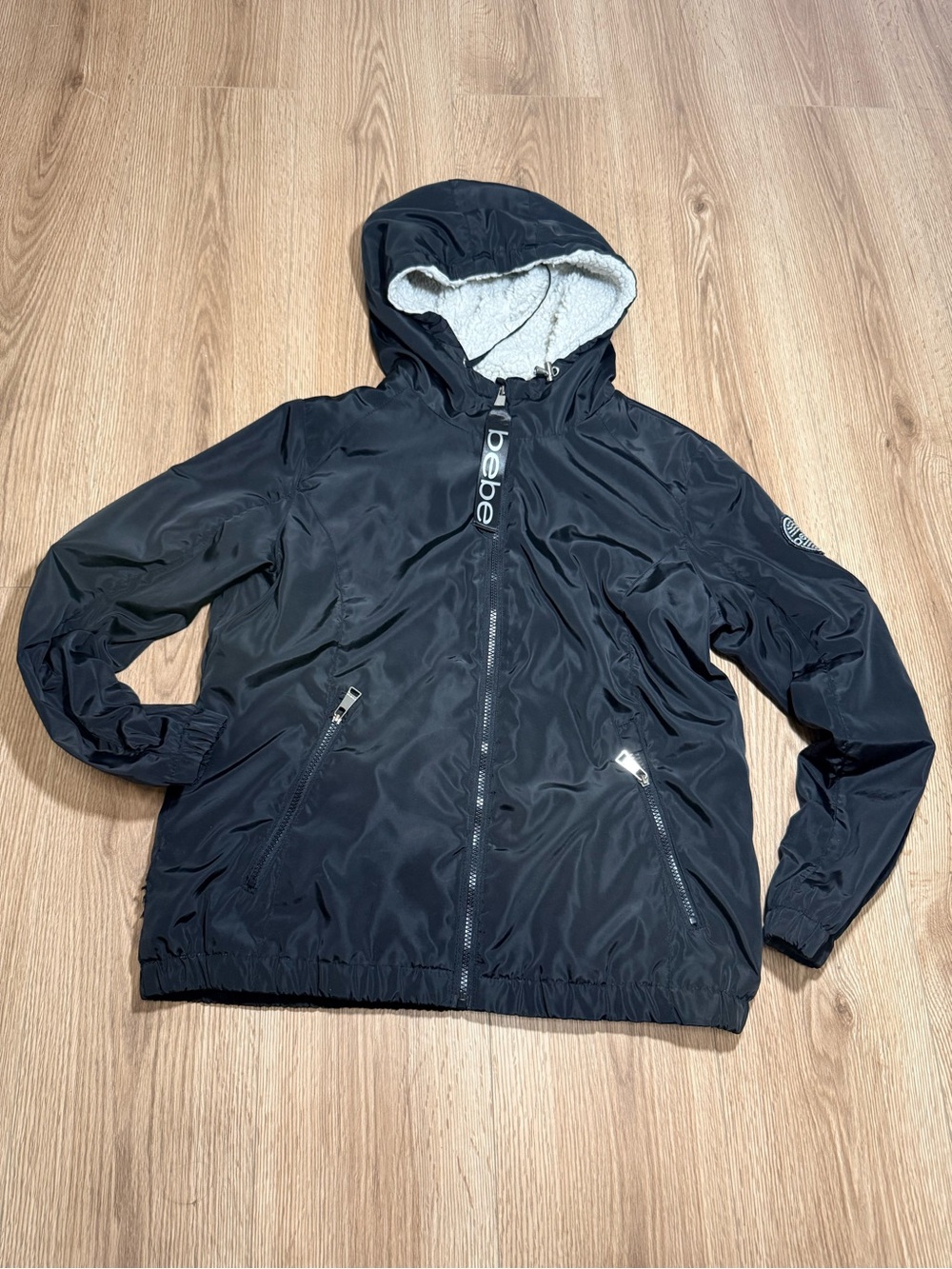 Bebe Sport Womens L Black Windbreaker Jacket Sherpa Lined Hood Full Zip Bomber
